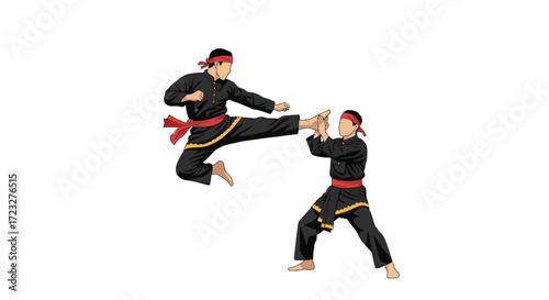 Dynamic vector illustration of two individuals practicing pencak silat