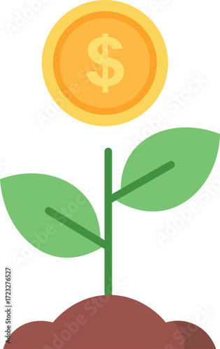 Gold dollar coin growing from plant in brown soil money growth