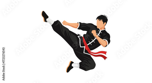 Dynamic Wing Chun Martial Artist Kicking Isolated on White Background