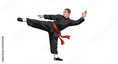 Dynamic vector illustration of a martial arts master performing a stance