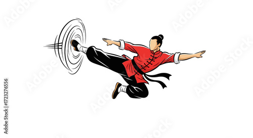 Dynamic Wing Chun martial artist executes powerful kick technique action
