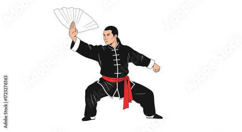 Elegant kung fu master demonstrating form with fan graceful discipline