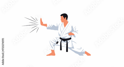 Focused karateka practicing a block with energy effect on white backdrop