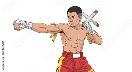 Focused Muay Thai Fighter Strikes a Dynamic Pose with Skillful Precision