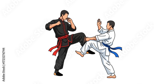 Illustration depicting a martial arts sparring session in dynamic poses