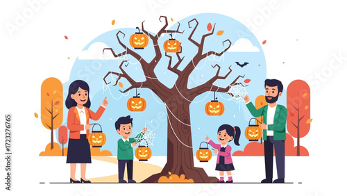 Halloween Family Gathering: A heartwarming illustration depicts a family gathered beneath a gnarled tree adorned with glowing jack-o'-lanterns, embracing the spirit of Halloween.