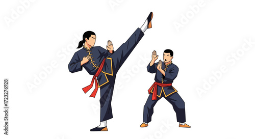Illustrative martial artists demonstrating traditional fighting techniques