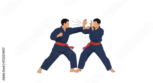Illustrative martial combat sparring demonstration with two men figures