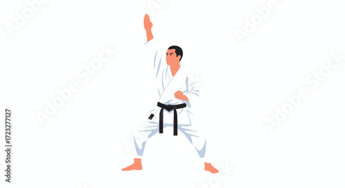 Karate practitioner demonstrating technique wearing gi and black belt vector