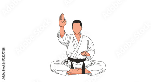 Karate practitioner meditating in seiza position with symbolic hand gesture