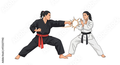 Karate sparring match action illustration depicting traditional martial arts