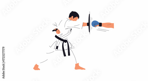 Karateka breaking boards during training session vector illustration