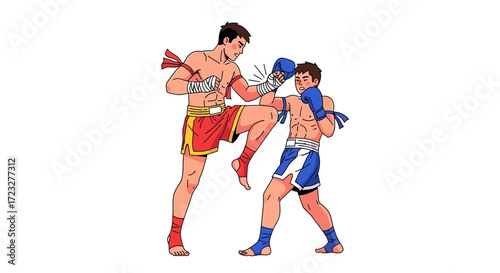 Muay Thai competition showing the combat between two skillful fighters