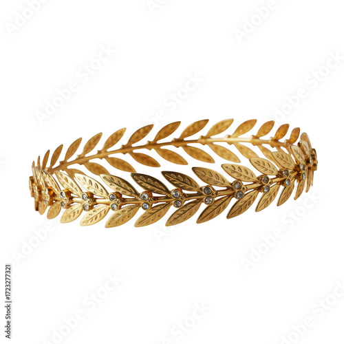 Ornate golden laurel wreath with small clear gemstones on a transparent background crown leaves