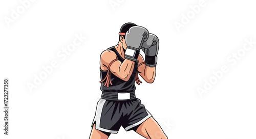 Muay Thai fighter demonstrating the defensive stance with clenched fists