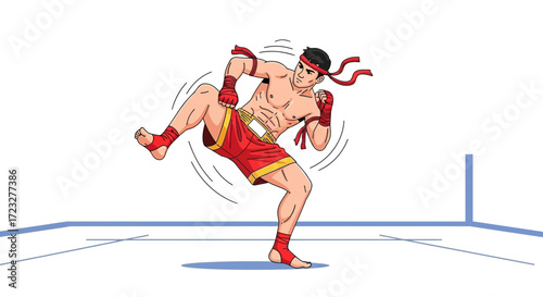 Muay Thai fighter unleashing a powerful kick in the ring illustration