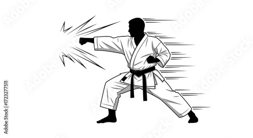 Silhouette martial artist executing a powerful punch with motion effects