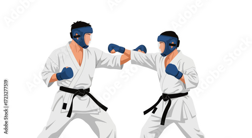 Sparring martial artists engage in combat training with protective gear