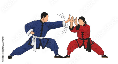 Sparring partners practicing martial arts in traditional attire on white background