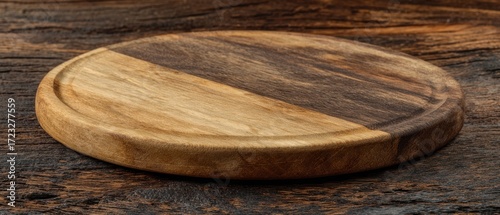 The wooden round cutting board on rustic wooden table with empty surface
