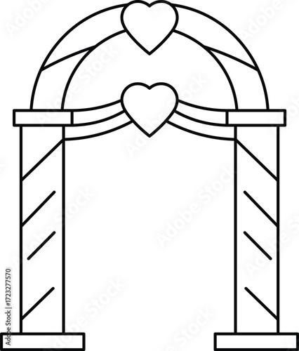 Black outline wedding arch with two hearts and draped fabric archway love