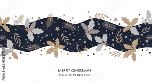 Elegant Christmas holiday banner design with festive holly leaves, pine branches, and stars in a modern, sophisticated palette