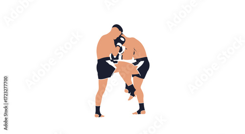 Two Muay Thai boxers in intense clinch exchange illustration style