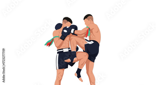 Two muay thai fighters engaged in intense combat on a white background
