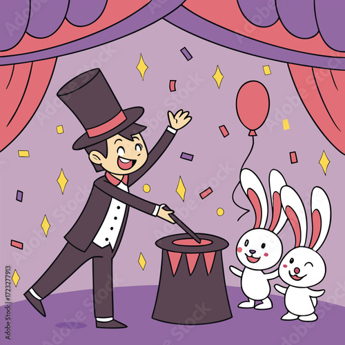 Whimsical emoji magician performing a magic trick pulling a colorful emoji from a hat suitable for playful designs and celebrations