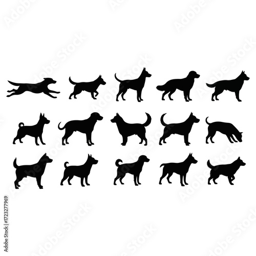 Collection of Black Dog Silhouettes in Various Poses and Breeds.