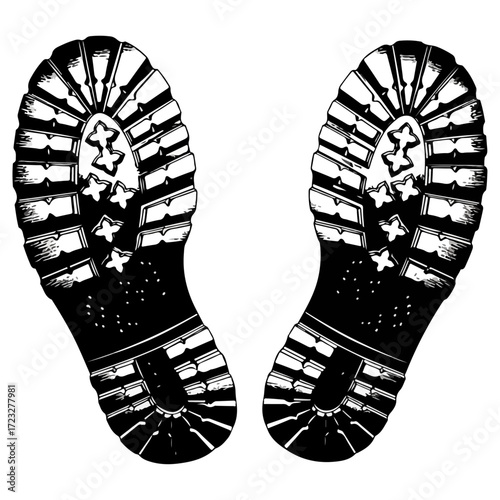 Boot prints on white background, showing the sole details, perfect for design.