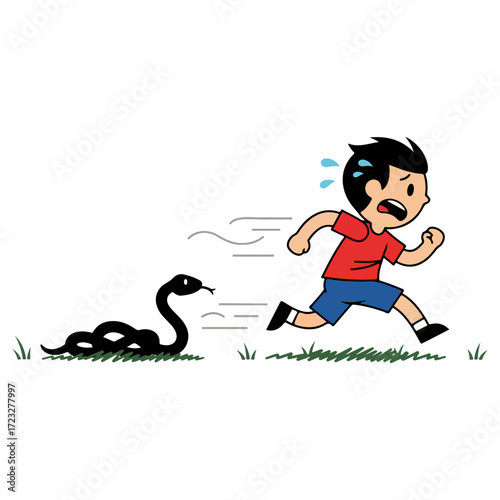 Boy running away from a snake in fear.