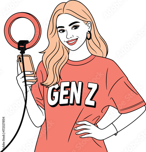 Social Media Influencer With Ring Light Holding Phone Wearing Gen Z T-shirt