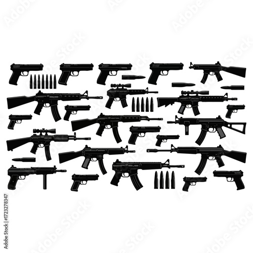 Collection of various firearms and ammunition.