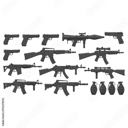 Collection of various firearms and grenades.