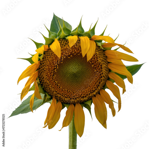 Single bright yellow sunflower blossom with green leaves on a transparent background petals