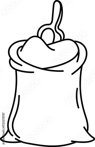 Stylized sack with contents spilling, presented in a clean white outline graphic