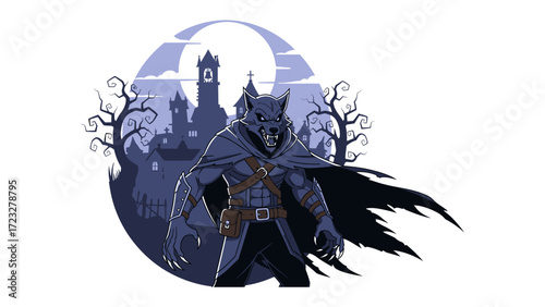 Werewolf Unleashed: A fierce werewolf stands ready, clad in a hooded cloak against a backdrop of ominous architecture, with a haunting full moon.