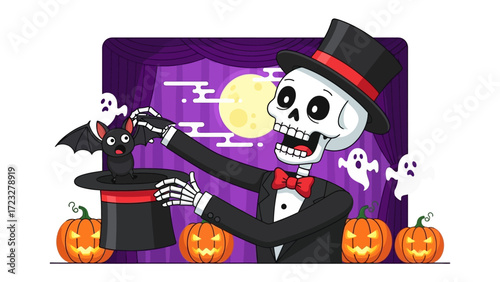 Magical Halloween Revelation: A whimsical illustration captures a skeleton magician conjuring enchanting creatures from a magic hat. Surrounded by carved pumpkins and spectral apparitions.