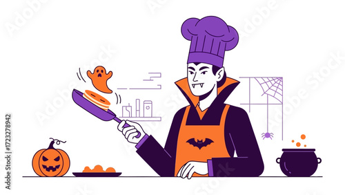 Spooky Chef's Halloween Feast: A charming vampire chef adds a touch of magic, flipping pancakes with ghostly delight in this whimsical, digitally-crafted Halloween illustration. 
