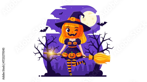 Halloween Witch: A cute witch in a pumpkin head dress, wearing a hat, holding broom, and having fun at the Halloween party. It is a fun illustration for a celebration!