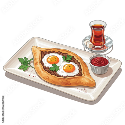 Delicious Turkish Pide with Eggs and Tea.