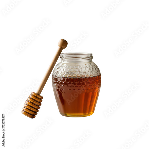 Vintage glass jar filled with amber honey and wooden dipper on a transparent background