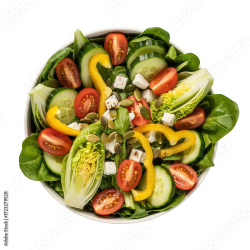 Vibrant fresh salad with tomatoes cucumber bell pepper and feta cheese healthy food on a transparent background