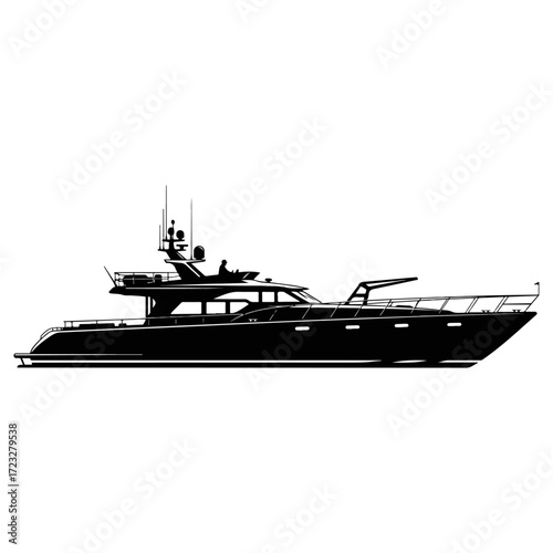 Elegant Private Motor Yacht Silhouette Isolated on White.