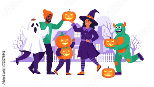 Halloween Festivities: A group of friends, donning vibrant costumes and holding illuminated pumpkins, is captured in a joyful celebration, embodying the essence of the holiday season. 