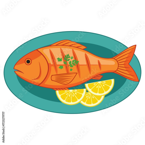 Grilled Orange Fish Served on a Blue Plate with Lemon Slices.