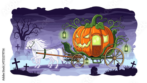 Enchanted Halloween: A Halloween-themed illustration depicts a mystical pumpkin carriage drawn by a ghostly horse, journeying through a spooky cemetery. 