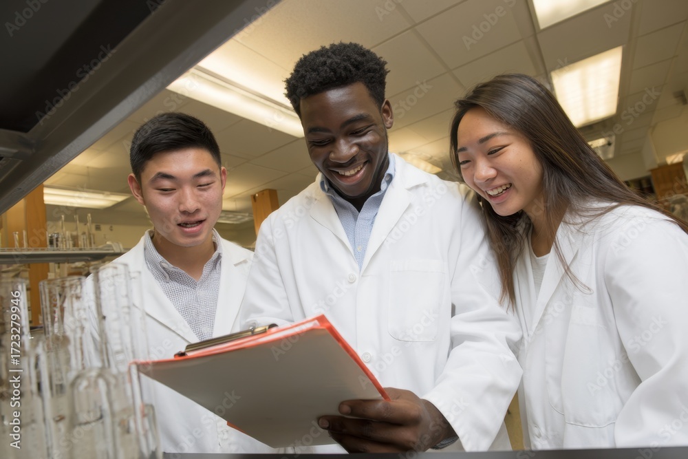 Fototapeta premium Diverse Young Scientists Collaborating in Modern Laboratory Setting.