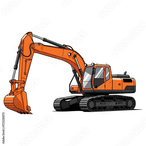 Powerful orange hydraulic excavator vector illustration.